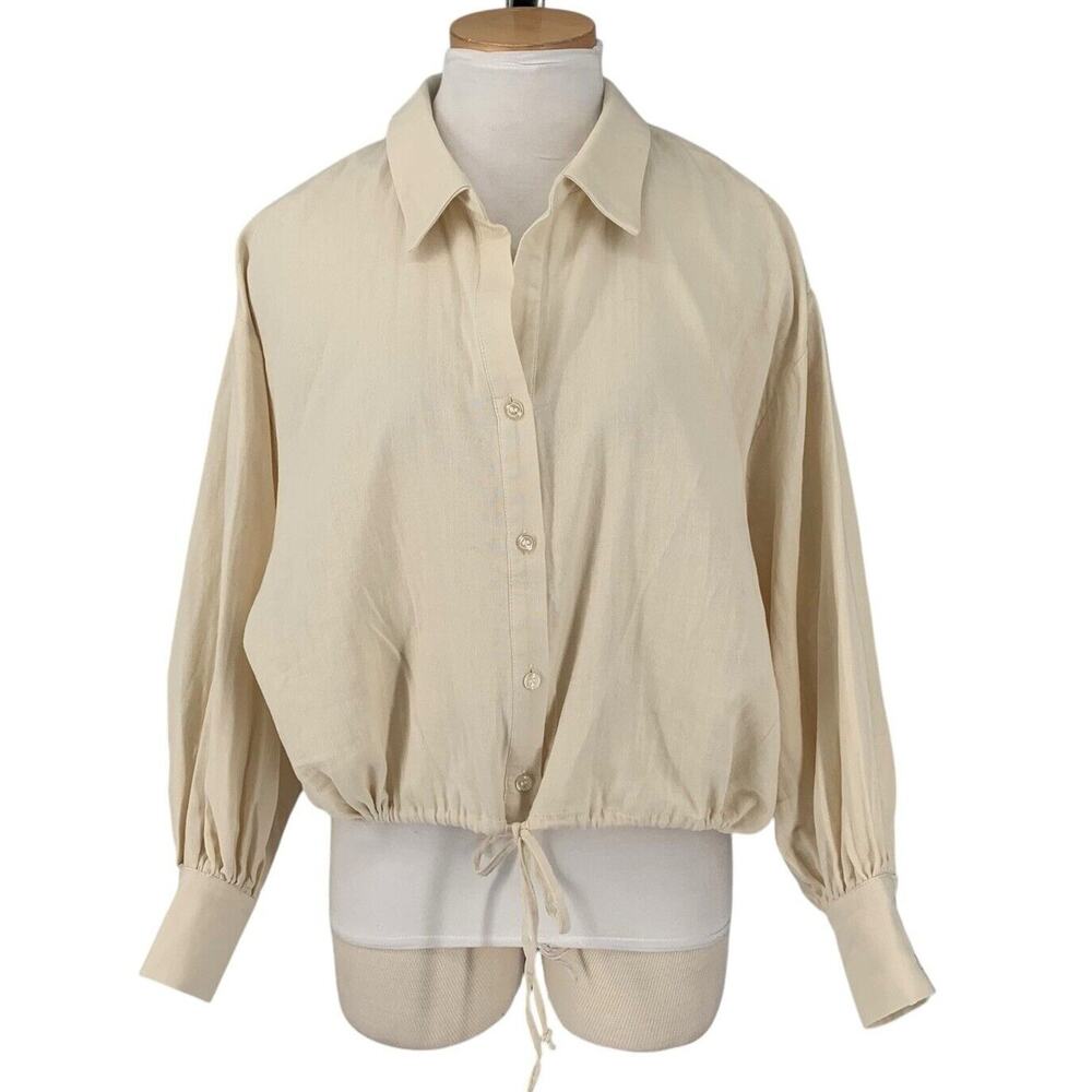 DREW Kylie Top Drawstring Button Front‎ Balloon Sleeve LG Stone NWT $216 Cotton